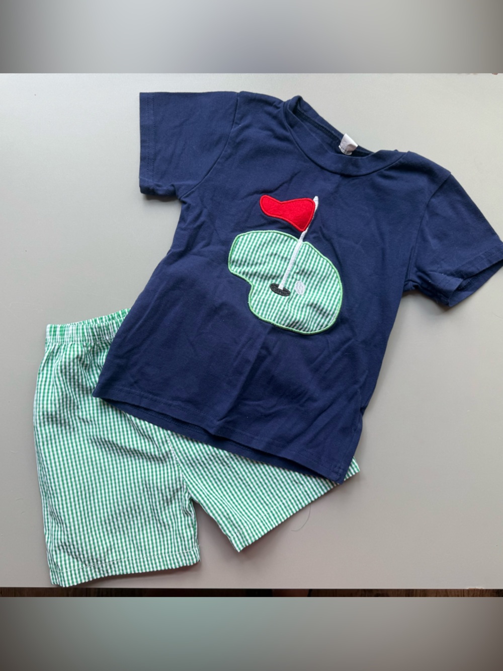 Amazon Kids Navy Blue Tee and Green Gingham Shorts Matching Set